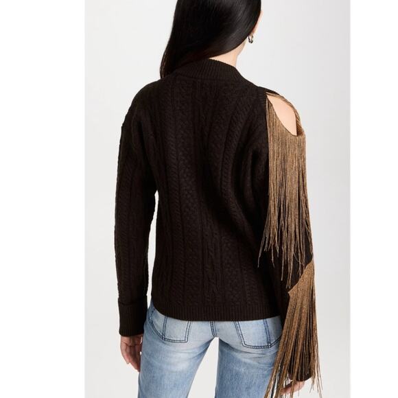HELLESSY Marvelle Fringe Merino Wool-Blend Wrap Sweater Green and Gold Size M - Picture 4 of 16